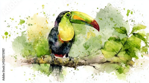 Watercolor Toucan Bird Illustration – Tropical Wildlife Art with Colorful Beak and Jungle Background
