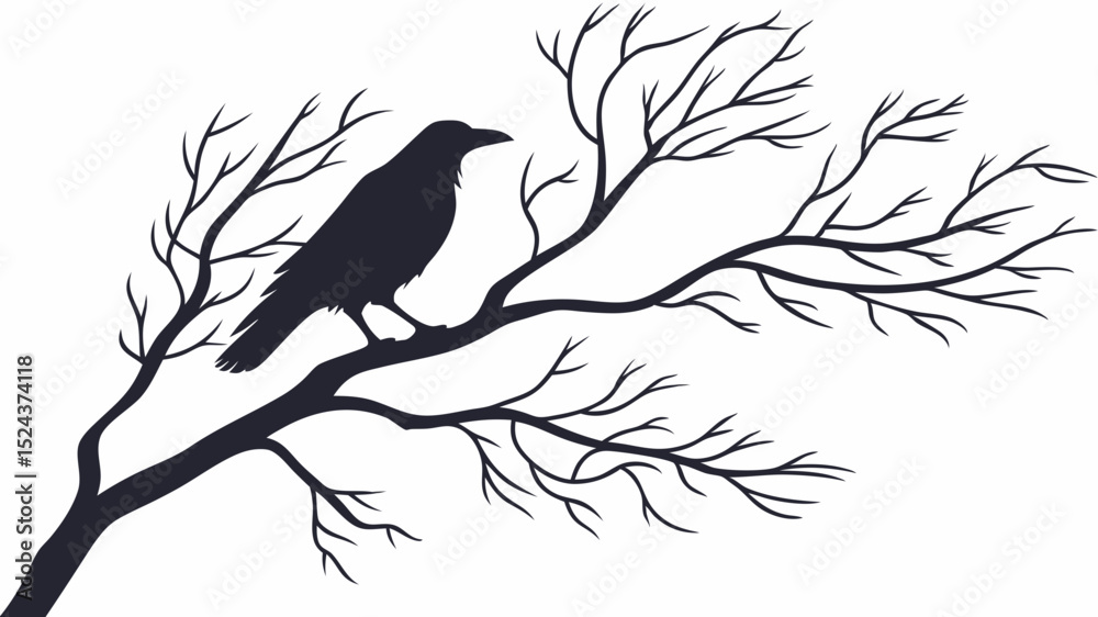 Obraz premium Silhouette of a Crow Perched on a Barren Branch