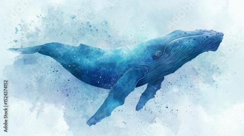 Watercolor Whale Illustration with Splash Galaxy Texture – Elegant Marine Life Artwork in Blue Tones