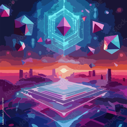 A vibrant retro-futuristic vaporwave illustration featuring surreal 3D geometric objects such as rings, pyramids, cubes, and spheres. Set against a neon grid floor with glowing pink and orange sunset,