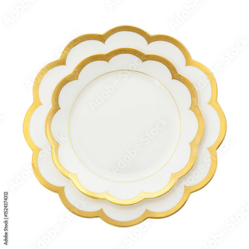 Elegant white plate with golden scalloped edges featuring intricate details for fine dining and elegant table settings