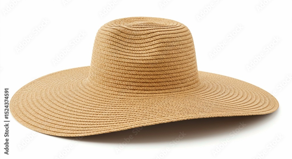 Classic wide-brimmed straw hat, perfect for beach days, summer sun protection, fashionable woven accessory, natural beige texture Classic wide-brimmed straw hat, perfect for beach days, summer sun protection, fashionable woven accessory, natural beige texture