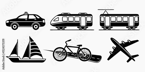 Transportation Vehicle Icon Set – Black Silhouette Vector Glyphs for Travel, Logistics, and Public Transit

 photo