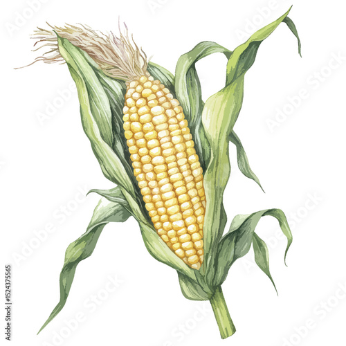 Watercolor Painting of a Single Ear of Corn with Husk