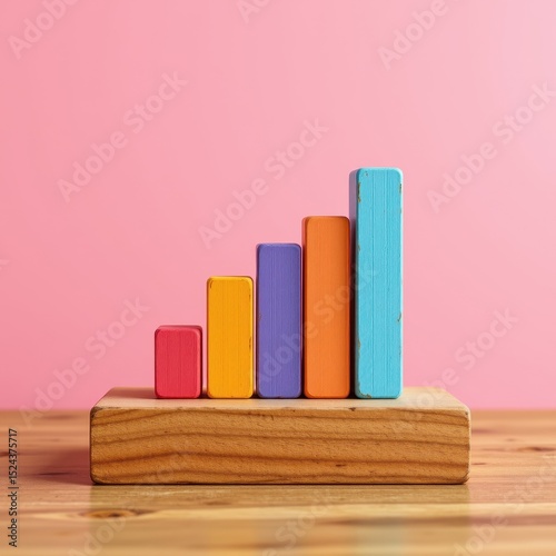 Colorful 3D Wooden Blocks on a Base with Pink Background