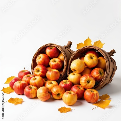 Fresh Apples Spilling From Wooden Baskets on a White Surface