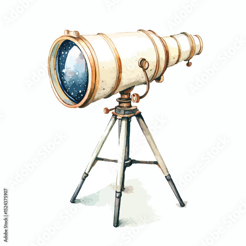 Watercolor Painting of a Vintage Telescope with Starry Sky Reflection