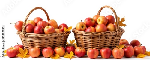 Fresh and Vibrant Baskets Overflowing with Apples and Autumn Leaves
