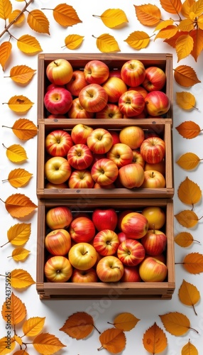Fresh Autumn Apples in Wooden Crates Surrounded by Colorful Leaves