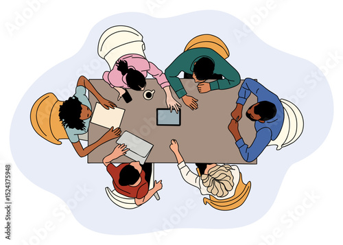 Vector illustration of diverse business team sitting around table in meeting or brainstorming session, top view. Office teamwork, collaboration, and corporate planning concept