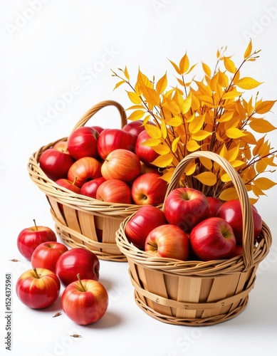 Fresh Red Apples in Baskets with Autumn Leaves Arrangement
