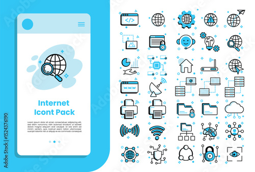 Flat internet icon pack with modern style for web, network, data, and digital technology design.