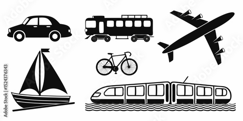 Transportation Vehicle Icon Set – Black Silhouette Vector Glyphs for Travel, Logistics, and Public Transit

 photo