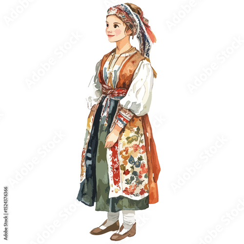 Watercolor painting of a woman in traditional folk costume with headscarf