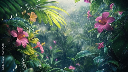 Lush tropical rainforest scene with vibrant hibiscus flowers and pouring rain