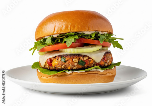 Chicken burger with vegetables isolated on white background