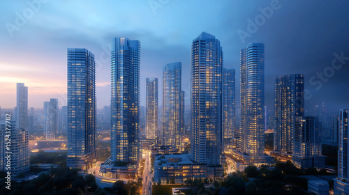 City skyline illuminated at dusk showcasing modern skyscrapers and urban architecture in a vibrant metropolis