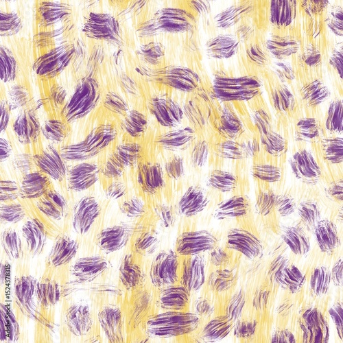 Seamless abstract textured pattern. Yellow, purple, white colors. Digital brush strokes. Illustration. Design for textile fabrics, wrapping paper, background, wallpaper, cover.
