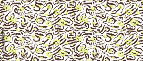 Seamless abstract textured pattern. Lines, ovals, circles. Brown, neon green, white. Digital brush strokes. Design for textile fabrics, wrapping paper, background, wallpaper, cover.