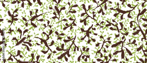 Seamless abstract botanical pattern. Simple background with green, brown, white texture. Digital brush strokes, dots, curves. Design for textile fabrics, wrapping paper, background, wallpaper, cover.