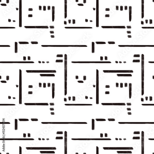 Seamless abstract pattern. Simple background with brown, white. Lines, grid, dots. Digital brush strokes. Design for textile fabrics, wrapping paper, background, wallpaper, cover.