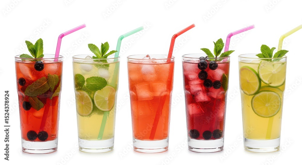 Five refreshing iced summer drinks, isolated on white background Five refreshing iced summer drinks, isolated on white background