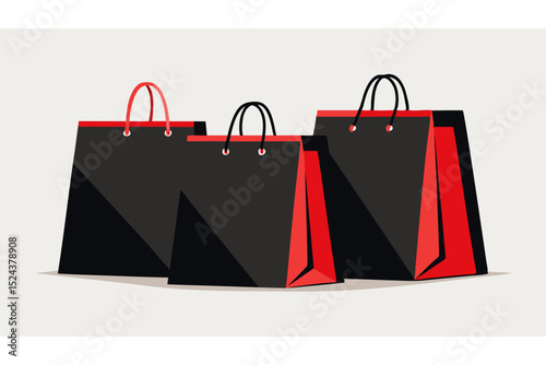Minimalist black shopping bags with red accents on white background - clean retail design for promotional materials and branding