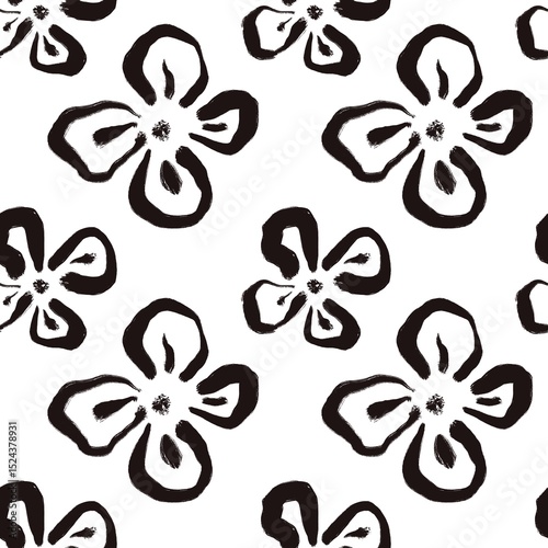 Seamless abstract botanical pattern. Simple background with black, white texture. Digital brush strokes. Flowers. Design for textile fabrics, wrapping paper, background, wallpaper, cover.