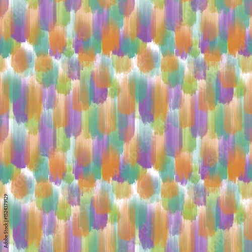 Seamless abstract textured pattern. Purple, green, orange stains on white. Digital brush strokes. Design for textile fabrics, wrapping paper, background, wallpaper, cover. Illustration.