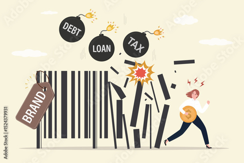 Economic crisis shattered barcode. Recession causing collapse of international trade. Bombs of debt, tax and loan destroy brand. Unhappy businesswoman run away.