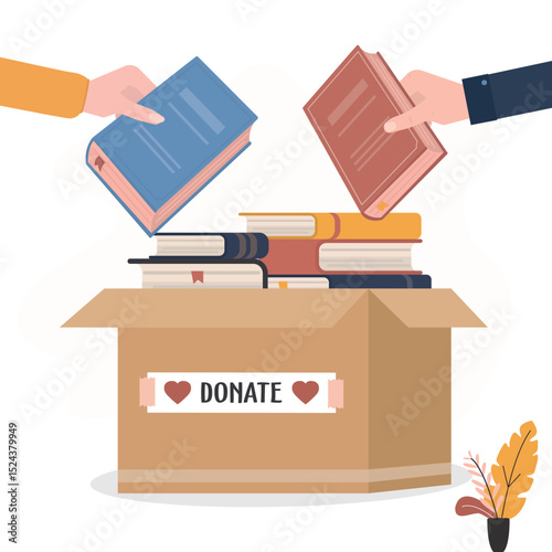 Books donation, bookcrossing, concept. Human hands put various books into box. Stack of textbooks in box. Time for knowledge charity. Donation box full of books