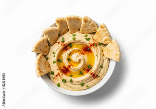 Hummus with pita bread on white background