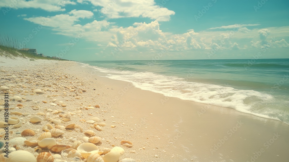 Sunny beach scene with scattered seashells and gentle waves. Sunny beach scene with scattered seashells and gentle waves.