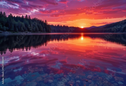 Beautiful sunset over tranquil lake with reflections and colorful sky in nature setting