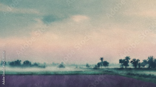 Peaceful Misty Countryside at Sunrise in Watercolor – Serene Pastel Landscape Art