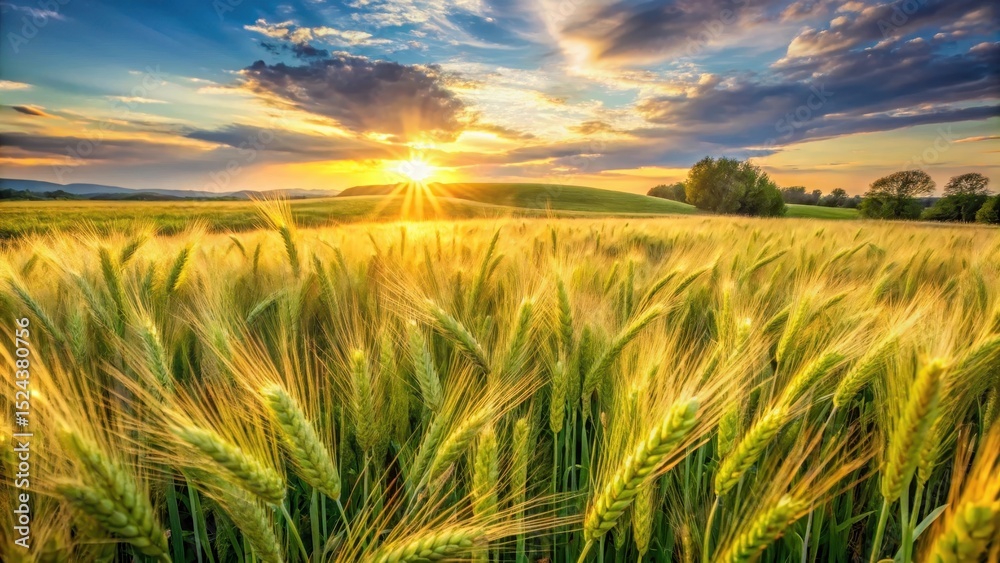 Fototapeta premium Warm sunlight casts a golden glow over a lush green barley field with tall stalks swaying gently in the breeze, wheat field, rural landscape