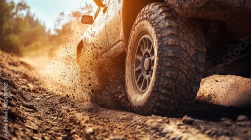 Close up of an off road vehicle in action on a muddy trail with splashing dirt