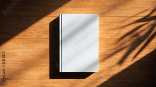 Blank White Book on Wooden Table With Leaf Shadows, Ideal for Mockups and Publishing Promotion, Representing Knowledge and Learning : Generative AI