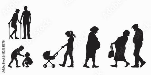 Family and Relationship Icon Set – Black Silhouette Vector Glyphs of Couple, Parent, Child, Elderly, and Social Care

