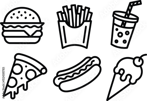 Fast Food Icon Set, Burger, Fries, Soda, Pizza, Hot Dog, & Ice Cream Line Art Vector Illustration.