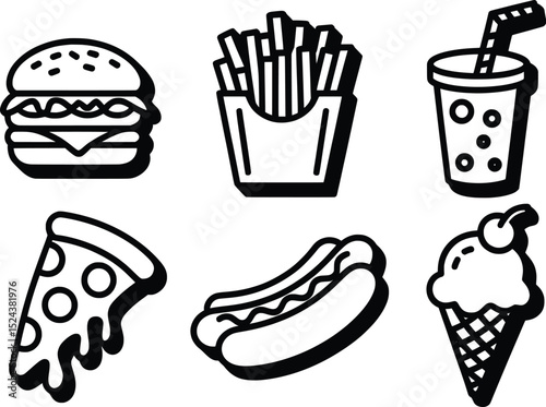 Fast Food Icon Set, Burger, Fries, Soda, Pizza, Hot Dog, & Ice Cream Line Art Vector Illustration.