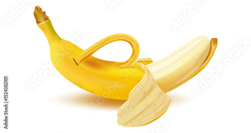 Banana. Half-peeled, with partially removed skin and light pulp. Realistic peel and flesh texture. Suitable for web design collages, websites, print, marketing, and food product applications