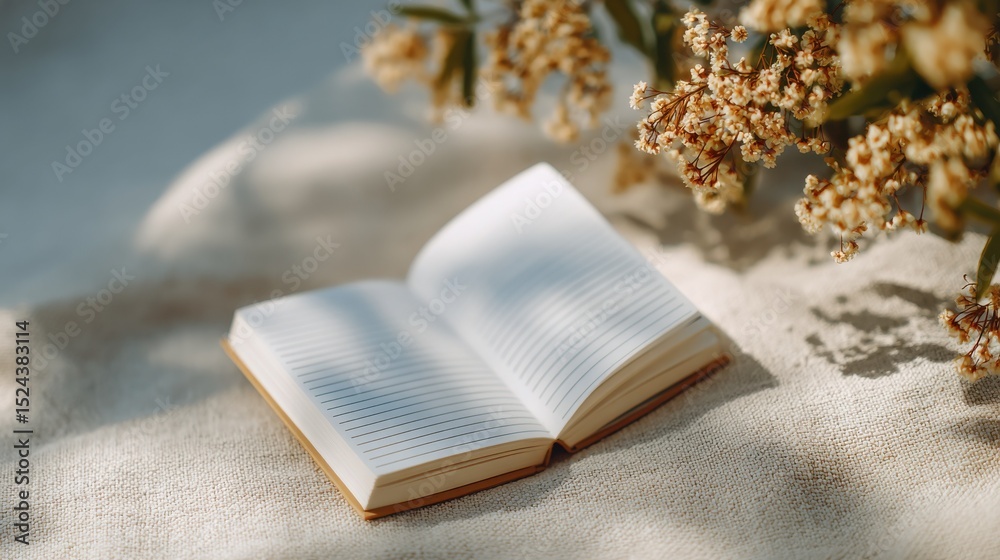 Fototapeta premium Open Notebook With Blank Pages and Dried Flowers in Sunlight, Representing Journaling, Reflection and Personal Growth, Ideal for Wellness Content : Generative AI