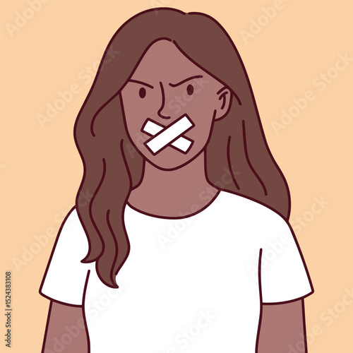 Bkack brown Dark skinned woman with tape on her mouth stares with anger. Symbol of resistance, injustice, and forced silence