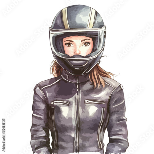 Watercolor Portrait of a Biker Woman in a Motorcycle Helmet and Jacket