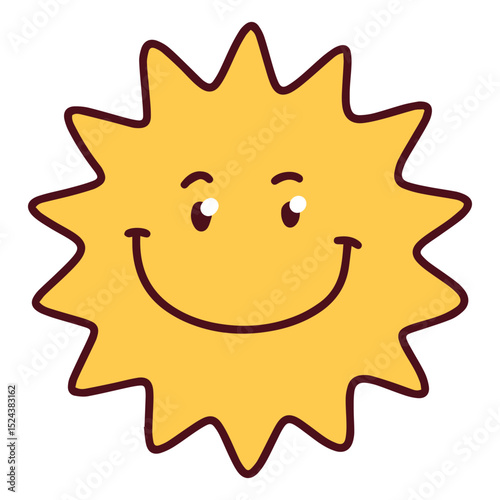 Yellow sun with zigzag edges and wide smile, happy round eyes and warm expression, simple friendly illustration