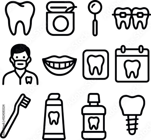 dental and oral care icons with tooth, toothbrush, toothpaste, floss, implant, mouthwash and dentist in line style for dental visuals.