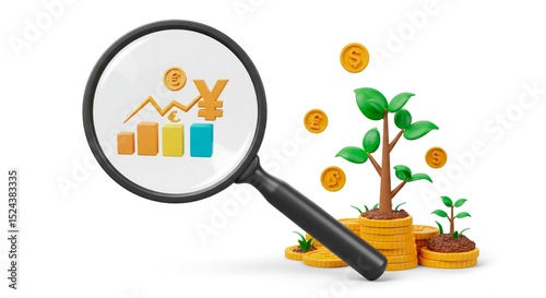 Magnifying glass focusing on financial growth chart and plant with coins
