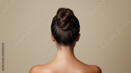 A back view of a woman with long, straight black hair again solid grey background	