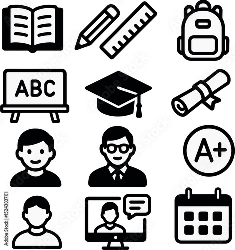 education icon set with backpack, diploma, ABC board, teacher, student, calendar, and A+ grade in mixed bold and outline styles.